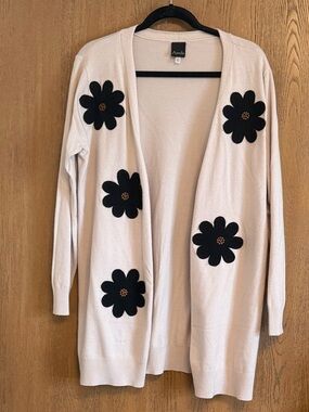 Agenda Cream Open Cardigan with Black Flower Appliqués